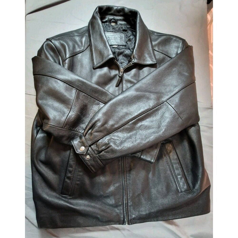 Vtg Y2K St John's Bay Black Leather Bomber Jacket Men's Size XL Full Zip Lined